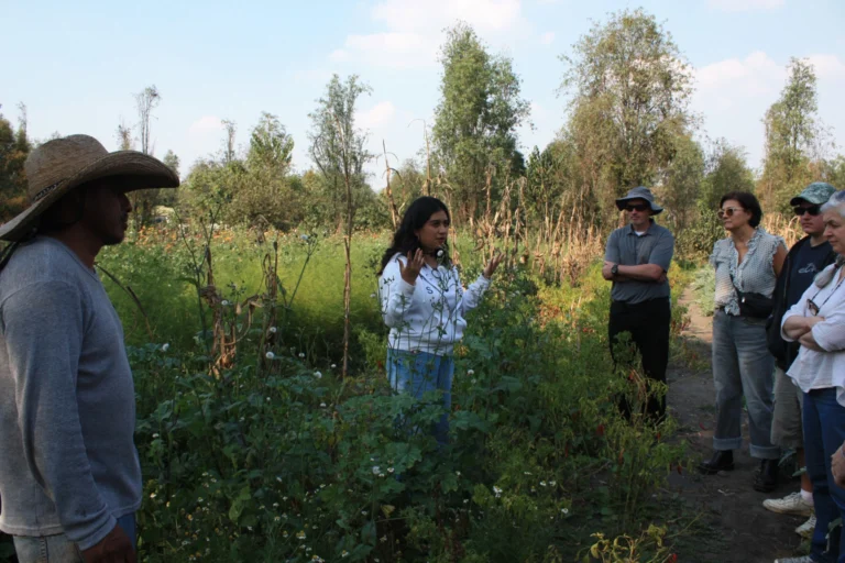 Mujeres liderando experiencia de turismo comunitario en chinampas de Xochimilco